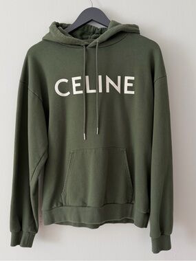 Celine Cotton Fleece Logo Hoodie in Olive Green